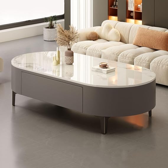 Oval Coffee Table with Sintered Stone Top, Modern Center Table Accent Cocktail Table with 1 Drawer & Sturdy Metal Legs for Living Room, Bedroom, Apartment(130x60x39cm(51x24x15), Gray)