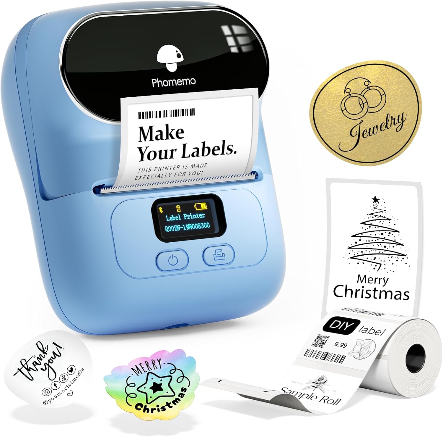 Phomemo M110 Label Printer, Portable Bluetooth Thermal Label Maker Machine for iOS And Android Phone, Barcode Printer for Clothing,Jewellery, Retail, Home, with 1 Roll 40x30mm Label