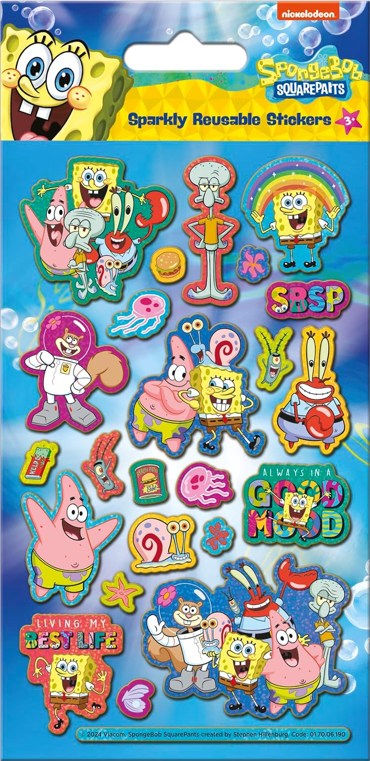 Spongebob Squarepants Sparkly Reusable Foil Stickers | Official Licensed Product | Reusable on Non-Porous Surfaces | Boys and Girls | Age 3 | Birthday Gifts, Party Bags, Arts & Crafts, Scrapbooking
