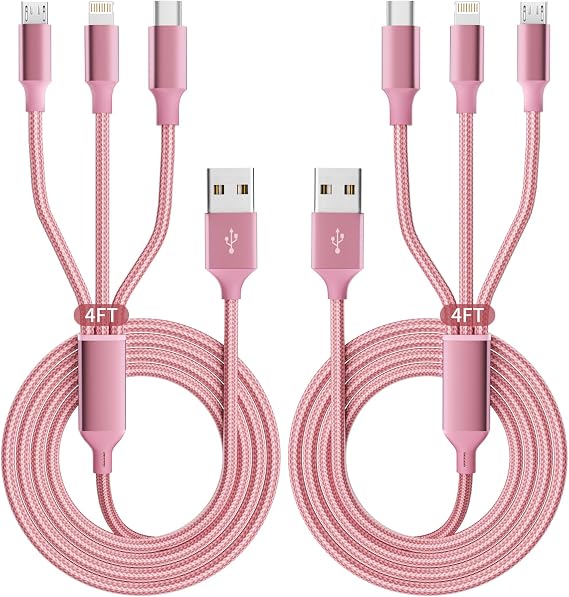 IDISON Çoklu Şarj Kablosu (2 Paket 4FT), 3'ü 1 Arada Şarj Kablosu Naylon Örgülü USB Evrensel Hızlı Şarj Kablosu Tip C/Mikro/IP Bağlantı Noktalı Çoğu Cep Telefonu için