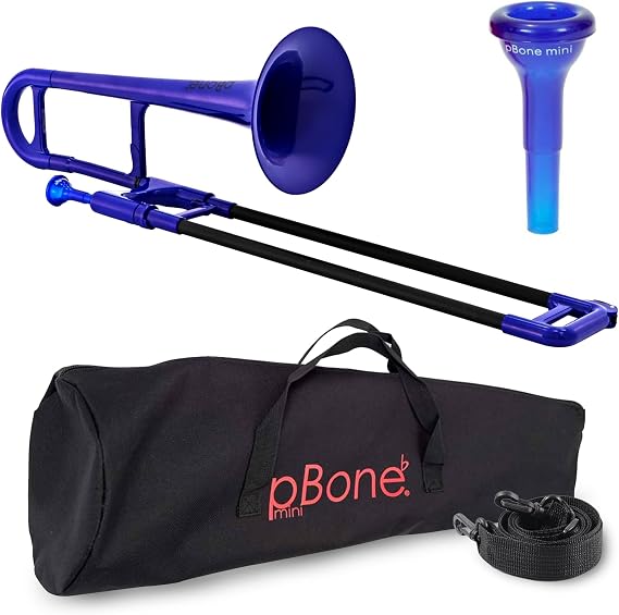 pBone PBONE2B Mini Plastic Trombone with Mouthpiece and Carry Bag Kids Beginner Children - Blue
