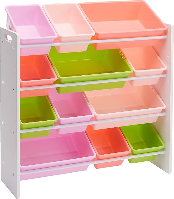 Amazon Basics Toy Organizer with 12 Plastic Compartments, White Wood with Pink Compartments, 86 D x 32.5 W x 90 H cm
