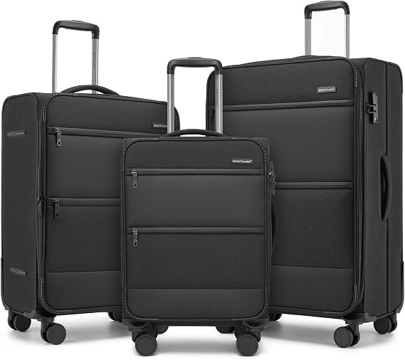 British Traveller 3PCS Softside Suitcase, Lightweight Luggage 20"/24"/28"