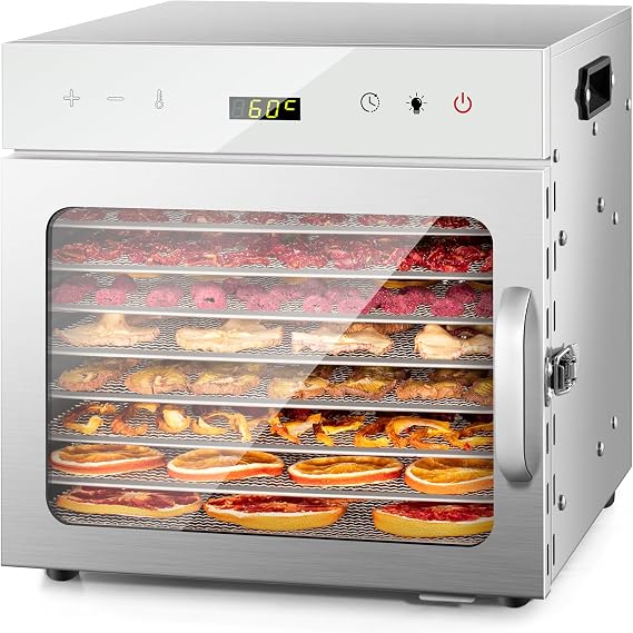 Kwasyo 8 Trays Food Dehydrator, Recipes Adjustable Temperature 30-90°C, Complete Stainless Steel, 24 Hour Timer, Fruit Dehydrator, BPA Free
