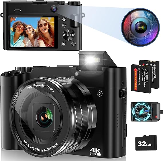 Digital Camera, 4K 64MP Autofocus Vlogging Camera for Photography and Selfies, Compact Camera with 32G SD Card 3'' LCD Screen 16X Digital Zoom Anti-Shake Flash Camera for Beginners Adults