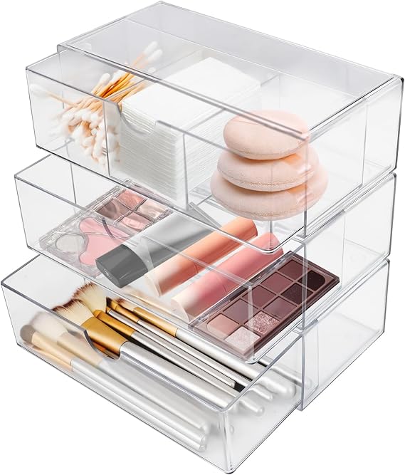 Stackable Makeup Drawer Organiser,Transparent Storage 3Pcs