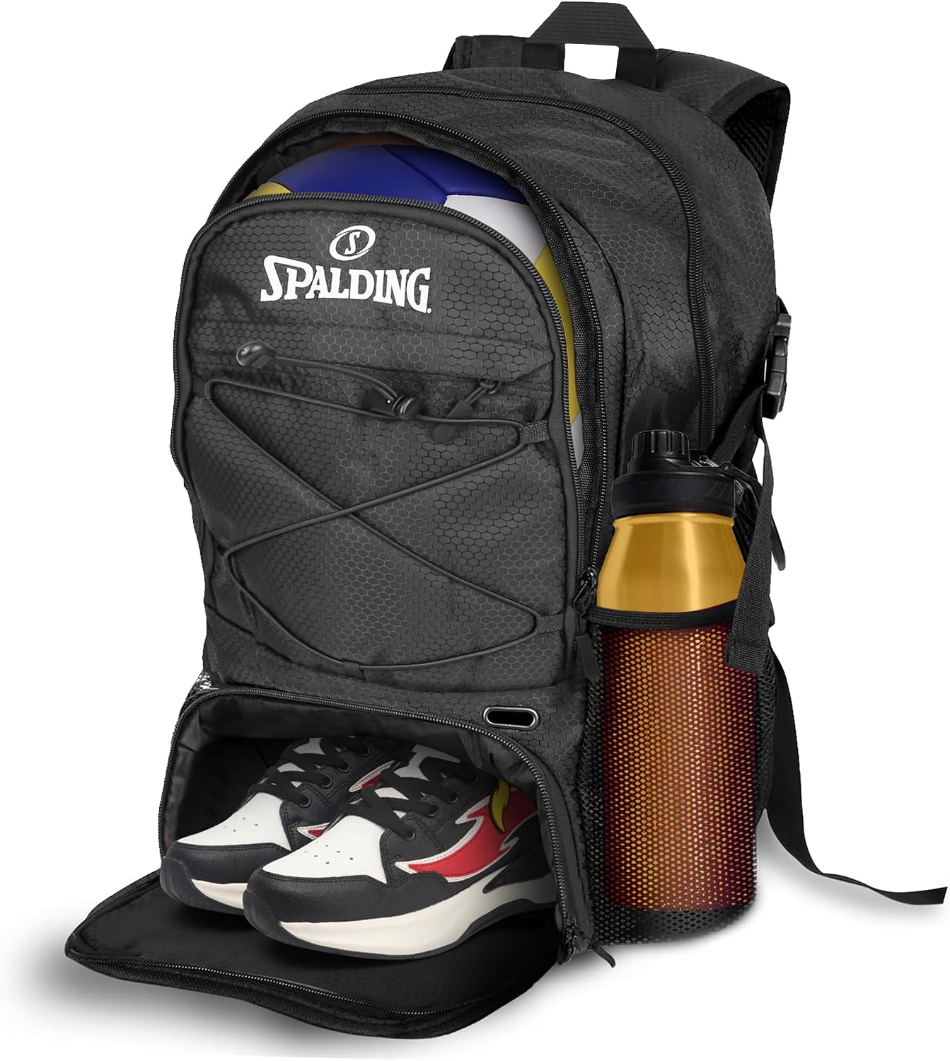 Spalding Volleyball Backpack Sports Bag, Black Backpack with Ball and Shoes Compartment Fits Sports Gear, Official Bag for Beach Volleyball Games Gift for Ball Players, Black