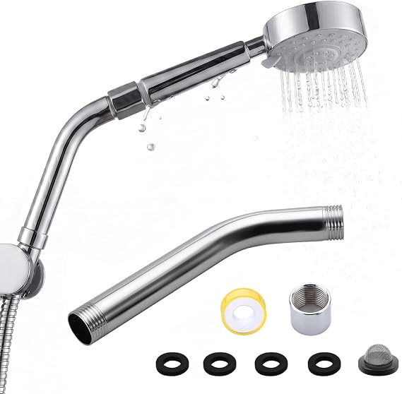 Curved Forward Overhead Shower Arm Stainless Steel Universal Extra Long Shower Hose Adapter Extension Pipe Head Holder for Shower Head Extension Arm Bath Accessory