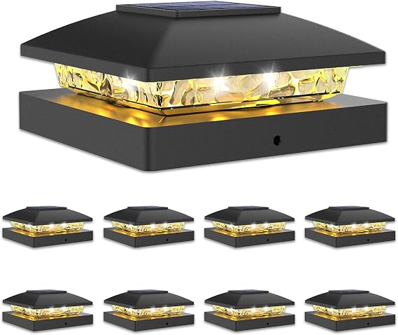 VOLISUN 4x4 Solar Post Cap Light 8 Pack, Solar Fence Post Lights Outdoor Waterproof for Wooden/Vinyl Post, Black Post Lights Solar Powered with Warm White for Garden, Patio, Porch, Deck