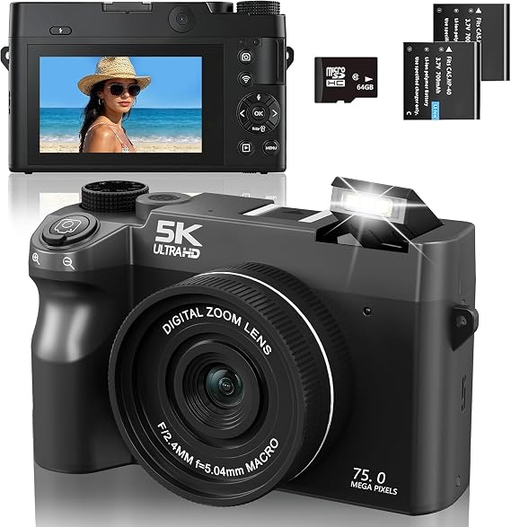 Digital Camera 5K 75MP for Photography, Vlogging Camera with Wi-Fi, Compact Camera with 3" Screen for Travel Youtube Beginners, 18x Digital Zoom, Autofocus, Includes 64GB Memory Card