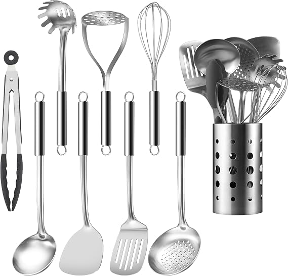 Pleafind 9 Piece Stainless Steel Kitchen Utensils with Kitchen Ladles, Skimmer, Spatula, Slotted Spatula, Kitchen Rods, Pasta Spoon, Potato Masher, Kitchen Tongs