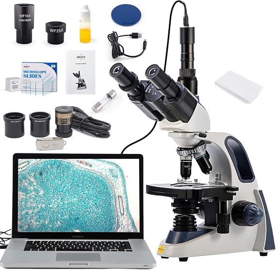 SWIFT SW380T Compound Trinocular Microscope, 40-2500X Magnification, Siedentopf Head, Dual Layer Mechanical Table with 5.0MP Camera and Software, and 100 Blank Slides