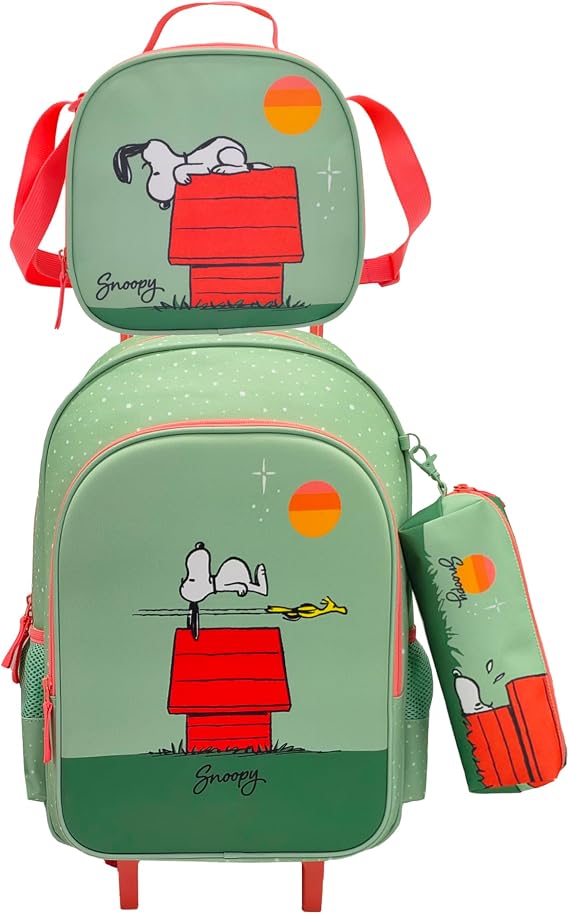 CYP BRANDS Set Trolley Functional, School, Travel, 3 Pcs, Lunch Box, Box, Green, Official Product, Snoopy