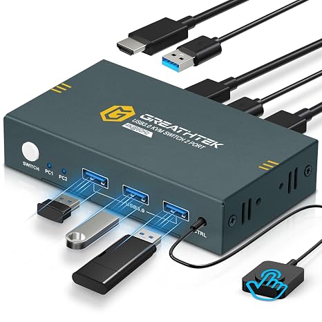 GREATHTEK USB 3.0 KVM Switch HDMI 2 Port 4K@60Hz, 2 PC 1 Monitor, 3 USB3.0 Ports, HDMI2.0, HDCP2.2, EDID, Push Button Switch, Wired Remote & Button Switch
