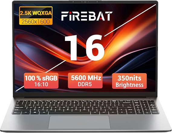 FIREBAT Laptop,16 Inch 2560×1600 QHD, AMD Ryzen 5 6600H, Radeon 660M Graphics Card, DDR5 RAM, PCIe SSD, for Students/Individual/Professional - Grey【U6B】
