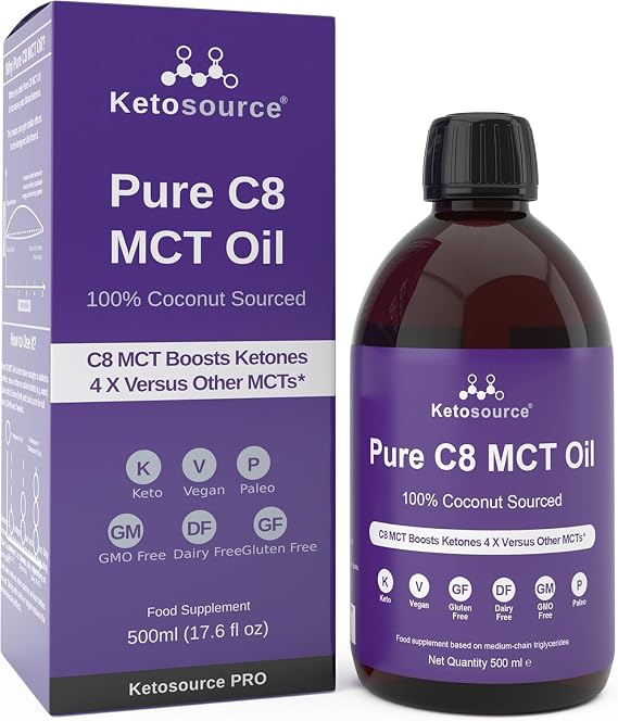 Ketosource Pure C8 MCT Oil | Boosts Ketones 4X Versus Other MCTs | 99%+ Purity | 100% Coconut | Plastic PET Bottle | Keto Diet, Fasting, Vegan Safe & Gluten Free | Premium Lab Tested Purity | 500ml