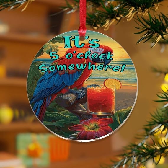 It's Five O'clock Somewhere Xmas Ornament Flower Floral Leaves Macaw Elegant Keepsake Clear Acrylic Discs Tiki Bar Pool Hot Tub Luau Souvenir for Christmas Tree Decoration Gift Tag Name Plates