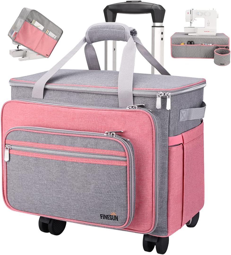 FINESUN Sewing Machine Case Set with Wheels, Grey& Pink - 3 in 1 Foldable Deluxe Rolling Sewing Machine Carrying Bag for Brother, Singer, Bernina and Most Machines