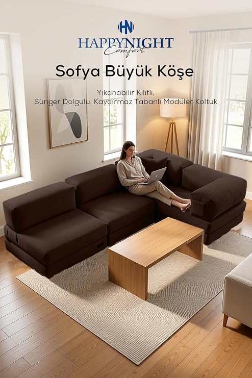 Sofya Büyük Köşe | Aktivite Koltuğu | Oyun Koltuğu | Sünger Koltuk | Sinema Koltuğu. 270x180 CM (Kahverengi)