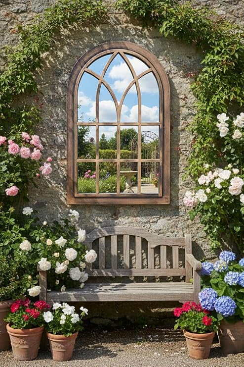 DEENZ Arched Window Style Soho Mirror Gothic Design Black Gold Plastic Frame Wall Mounted Indoor/Outdoor Elegant Vanity Display Hallway Furniture Decor Glass Panel 73.5 X 48.5 X 2.5 Cm