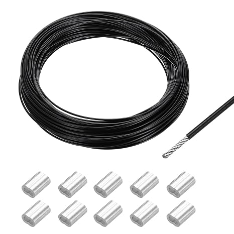 sourcing map 98Ft(30M) Wire Rope 304 Stainless Steel Cable 1/16" (1.5mm) Vinyl Coated with 10Pcs Aluminum Sleeves for Hanging Clotheslines, Lifting,Black