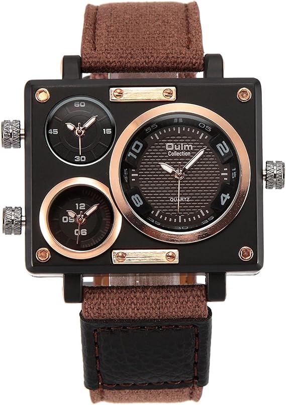 Men's Square Wrist Watch, 3 Time Zones, Stylish, Sports Watch, Leather, Strap, Waterproof, Casual, Business, Brown, Gift for Boyfriend, Fashion, Accessory