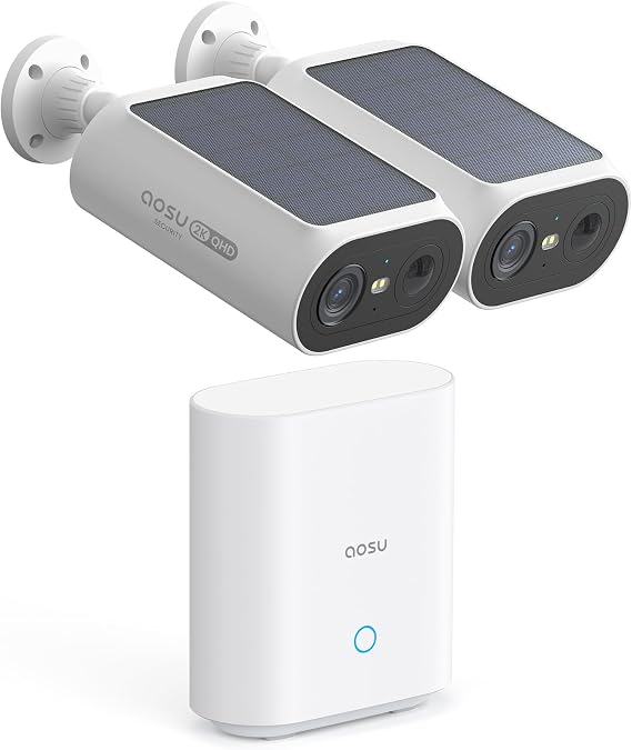 aosu 2K Security Camera Outdoor Wireless, 2 Cam-Kit with aosuBase, No Monthly Fee with Integrated Solar Panel, Forever Power, No Blind Spot Home Security, 32GB Local Recording [Energy Class A+++]