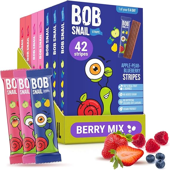 Bob Snail Fruit Leather Stripes, Mix Flavors 42 Bars (Pack of 7, 588g)