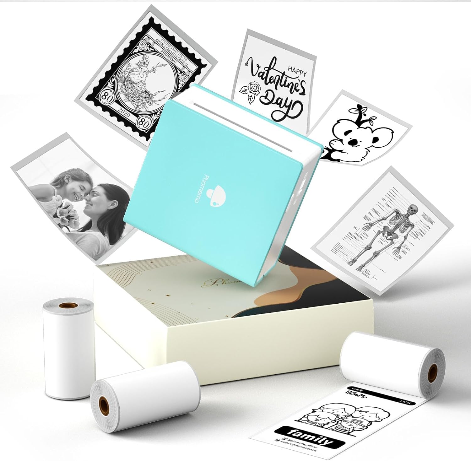 Phomemo M02 Mini Printer Set with 3 Sticker Rolls, Portable Thermal Printer, Compatible with Smartphones, Bluetooth Connection, Photos, Memos, Postcards, Sticky Notes, Working and Studying at Home