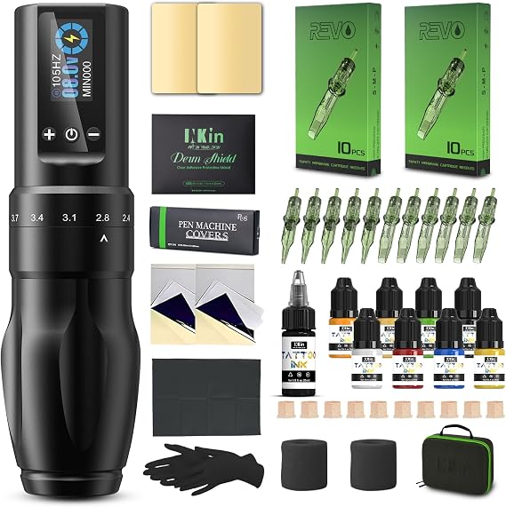 INKin Tattoo Gun Kit, Soultats Wireless Tattoo Machine Pen with 2.0mm - 4.0mm Adjustable Stroke Length and 1600mAh Power Supply, Complete Set with Mixed Revo Cartridges Needles and 8Pcs Tattoo Ink