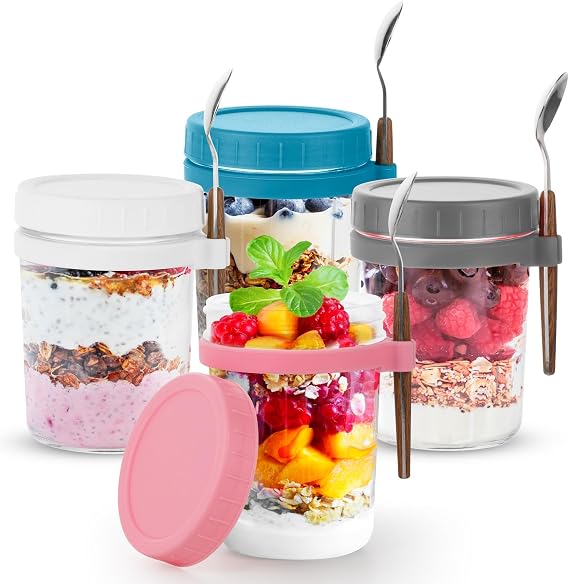 Pack of 4 Overnight Oats Glasses 480 ml Meal Prep Glasses with Spoons Preserving Jars Overnight Oats Container for Salad Yogurt Pudding Chutney Pickling Homemade Jam