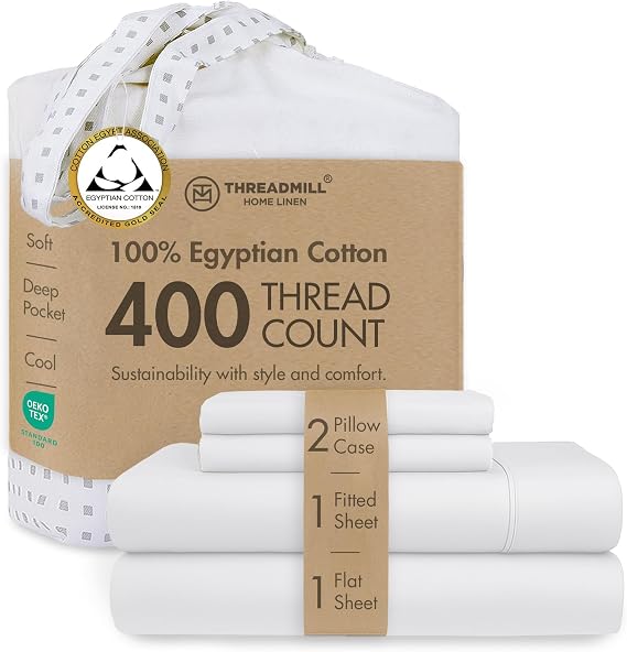 Threadmill Home Linen Certified 100% Egyptian Cotton King Size 4 Piece Solid Bed Set, 400 Thread Count Sateen Weave, Comfortable Hotel White Sheets with Elasticized Deep Pocket
