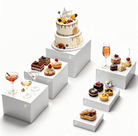 6Pcs Buffet Risers, 3inch/4inch/5inch/6inch/7inch/8inch White Acrylic Display Boxes Dessert Risers Acrylic Food Display Stands with Hollow Bottoms for Cake, Dessert,Jewelry,Weddings