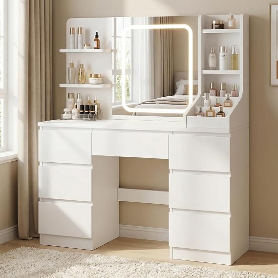 TRIUMPHKEY Dressing Table, Vanity Desk with LED Mirror,White
