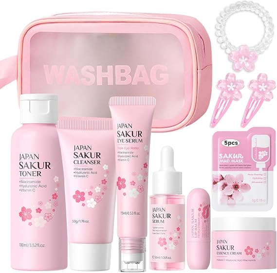 Skin Care Set, Gift Sets Skin Care Kit for Teenage Girls - JAPAN Cherry Blossom Skincare Sets Cleanser, Toner, Serum, Face Cream, Travel Kit for Women Kids Teenagers(15pcs)