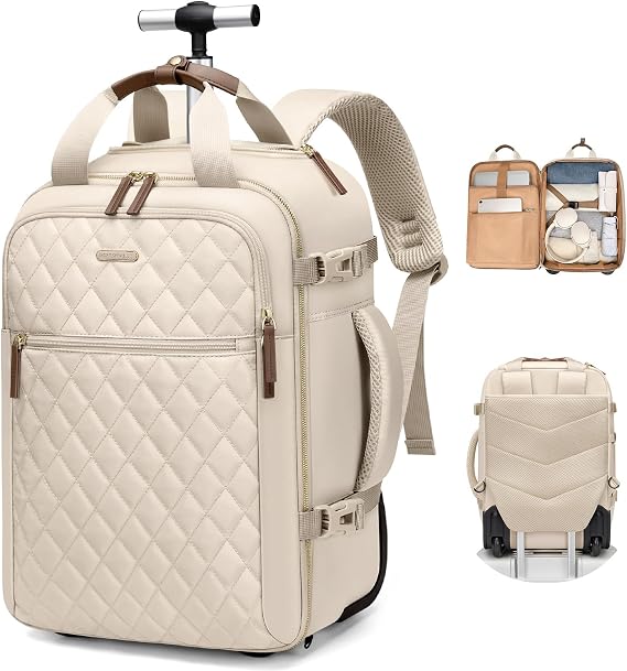 Backpack with Wheels for 17 Inch Laptop, Large Backpack for Men, Women, Anti-Theft Waterproof with Hidden Wheels Port, School Business Work Daily Travel, Almond
