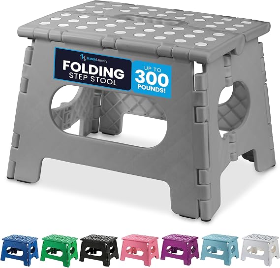 Handy Laundry - Folding Step Stool, Sturdy and Safe for Adults and Kids, Opens Easy with One Flip - Great for Kitchen, Bathroom or Bedroom (Grey - 9 Inch)