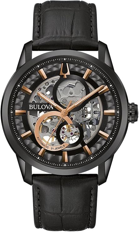 Bulova 98A283 Men's Analogue Automatic Watch with Leather Strap, Black, Modern