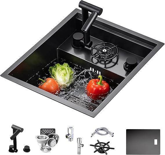 Black Kitchen Sink countertop/undercounter Invisible, Suitable for bar RV Kitchen Built-in Foldable Faucet, Small Single Bowl Stainless Steel Camper Sink (Black/A, 38x45cm)