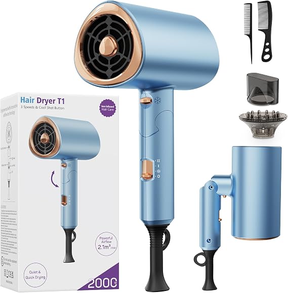 Ionic Hair Dryer 2000W Fast Drying with Diffuser & Concentrator, Blue