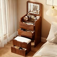 Modern Compact Vanity with Hidden Chair - 3 in 1 vanity desk Solid Wood with Flip Top Mirror and Lights,Glass To for Small Bedrooms, Apartments