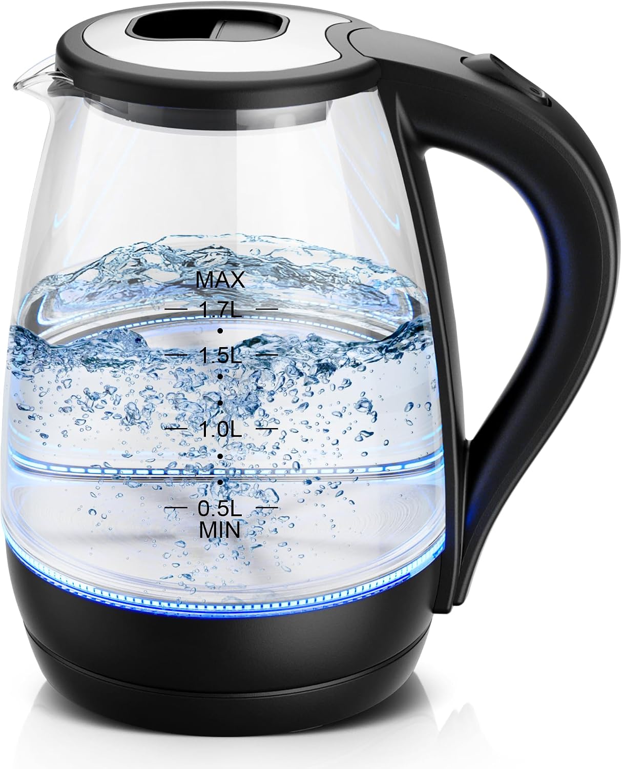 Glass Kettle 1.7 Litres 2200 Watt LED Lighting Thickened Borosilicate Glass Kettle with Limescale Filter 360° Stainless Steel Base Dry Protection Black