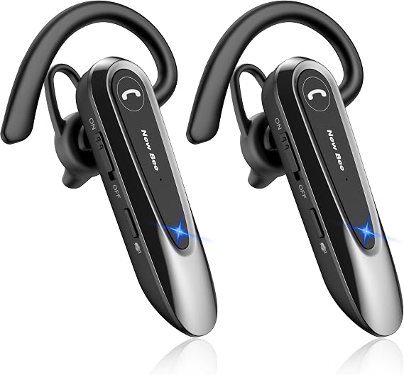 New Bee Bluetooth Headset Handsfree with Dual Mic 25 Hrs Talke Time, 2Pcs