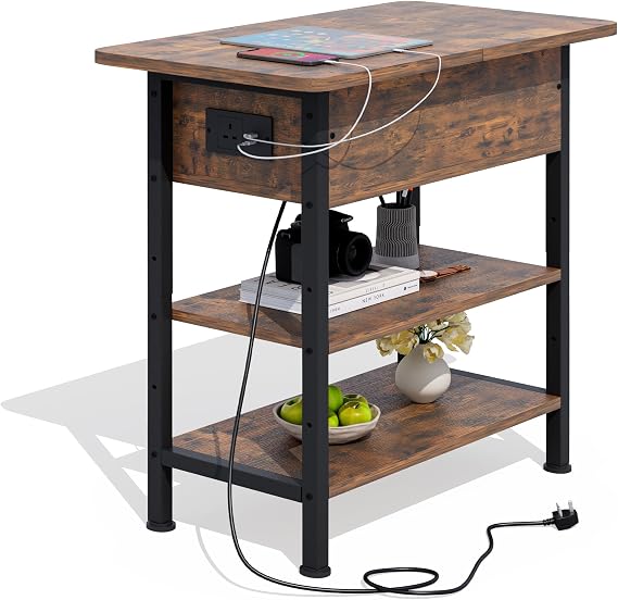 Side Table with Charging Station, Small Flip Top Narrow Sofa End Table