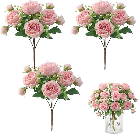 Peony Artificial Flowers, 4 Pcs Silk Peonies Bouquets (Pink)