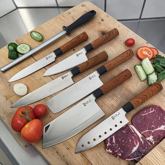 SURLAZ 7 Parça Şef Bıçağı Seti, Paslanmaz Çelik, ABS Plastik Saplı Santoku, Cleaver ve Bileme Dahil, Çeyizlik Mutfak Bıçak Seti