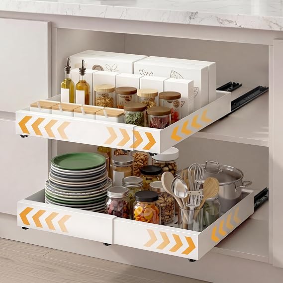 TOQUE Expandable Pull Out Cabinet Organiser, 2 Pack Adjustable Kitchen Cabinet Organiser 31-52cm, Carbon Steel Slide Out Drawer with 3-Rail System, Silent Sliding, White