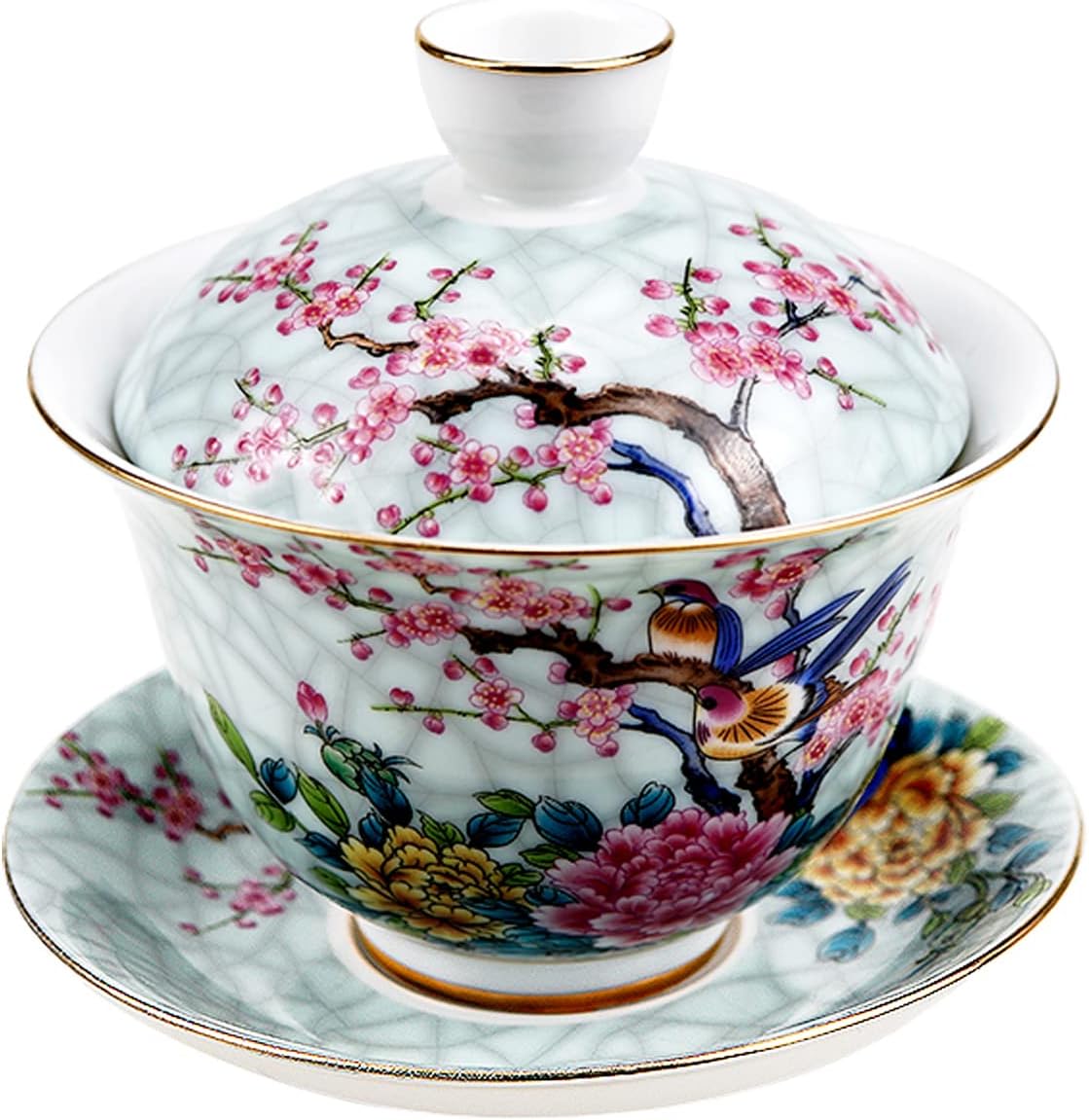 FERCAISH Chinese Ceramic Tea Cup, Traditional Enamel Tea Set with Lid Hand-Painted Tea Bowl and Saucer - Gaiwan Tea Set for Flower Tea Bags, Black Tea