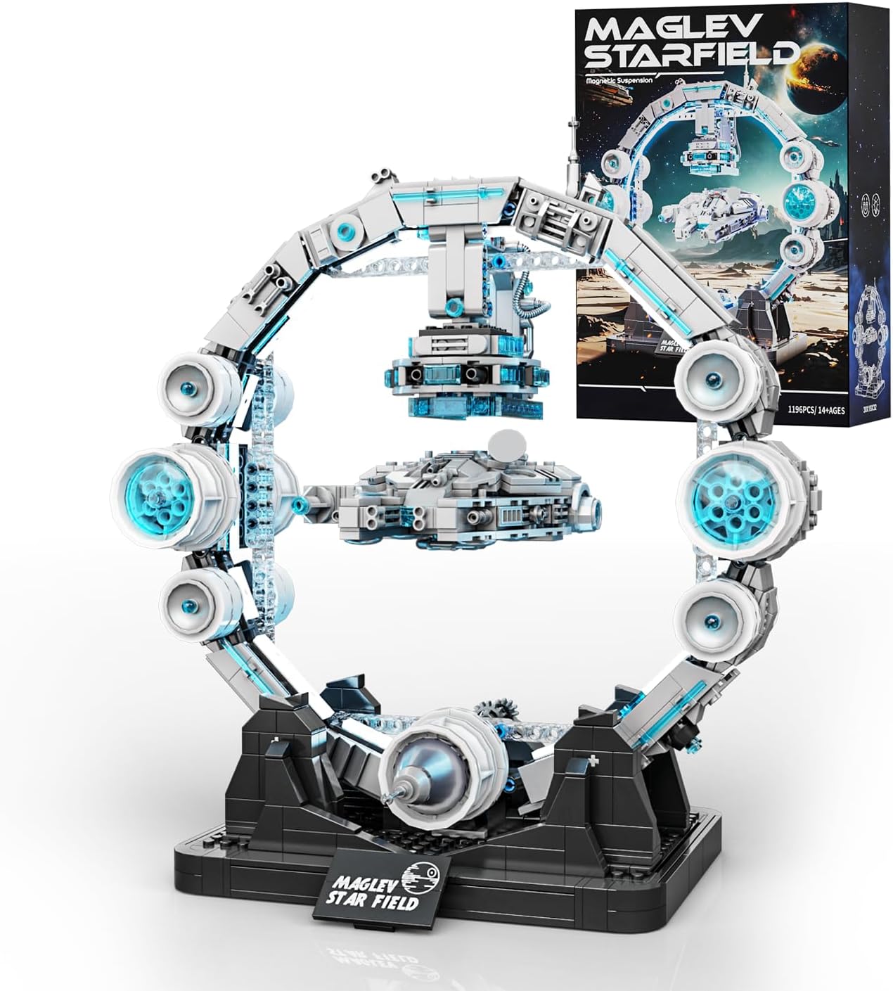 Spaceship Building Set for Adults, Magnetic Floating Starship Toy with Light, Hyper-space Ring Space Suspension Decoration, Collectible Spacecraft Gifts for Boys Girls Aviation Fans