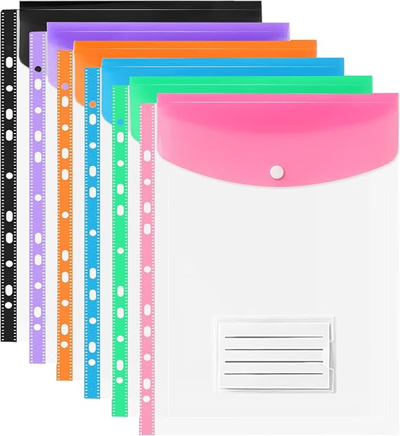 6 Pcs Punched Pockets A4 Plastic Wallets File Folders, Expandable Envelope Document Plastic Folders with Button and Label Pocket for School Home Office(Vertical-6 Packs)